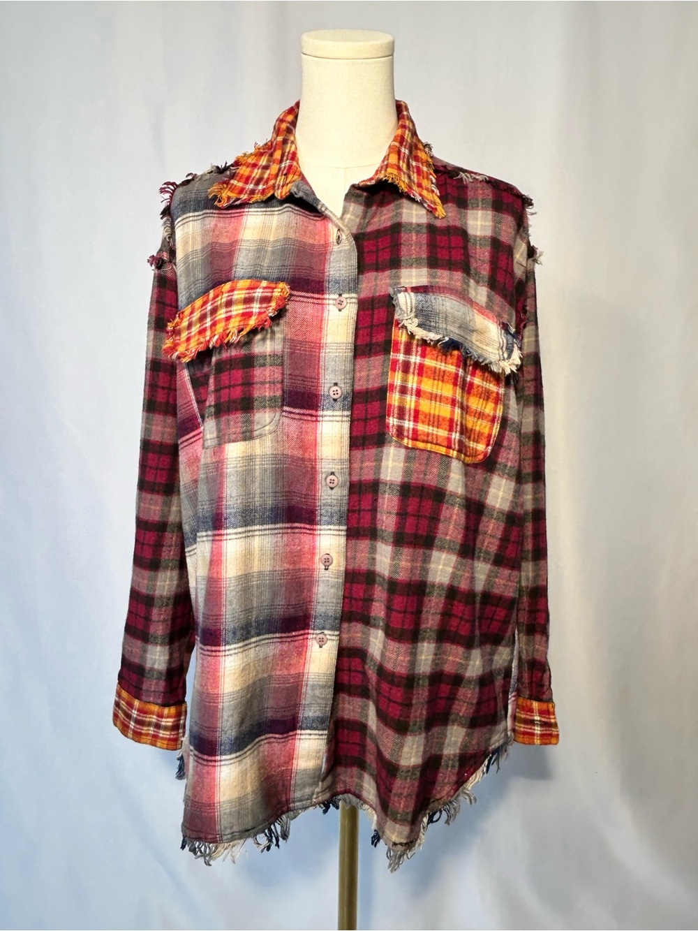 Vintage Bonjour 90s Grunge Punk Distressed Button-Down Flannel Mixed Plaid L